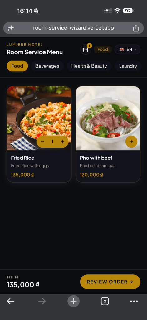 Room Service Menu Guest App Screenshot