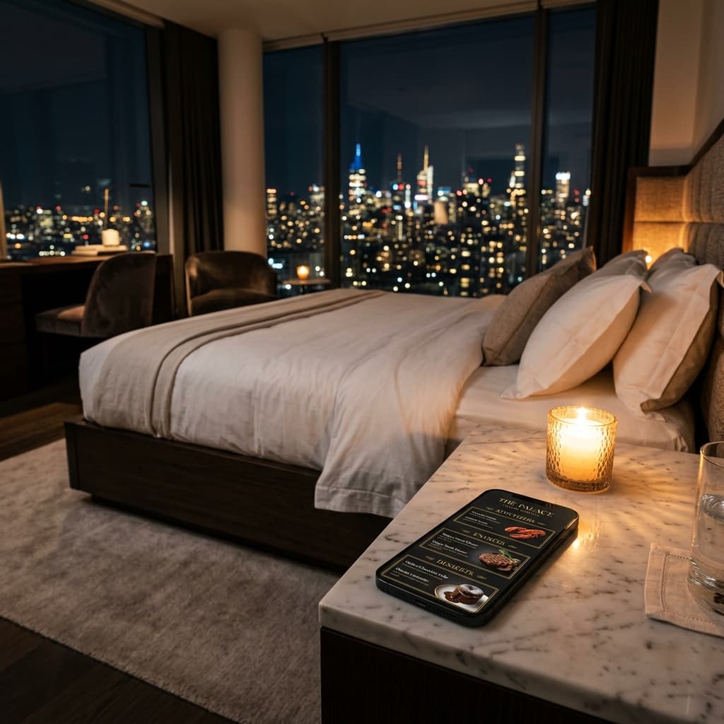 Luxury hotel room with digital service interface